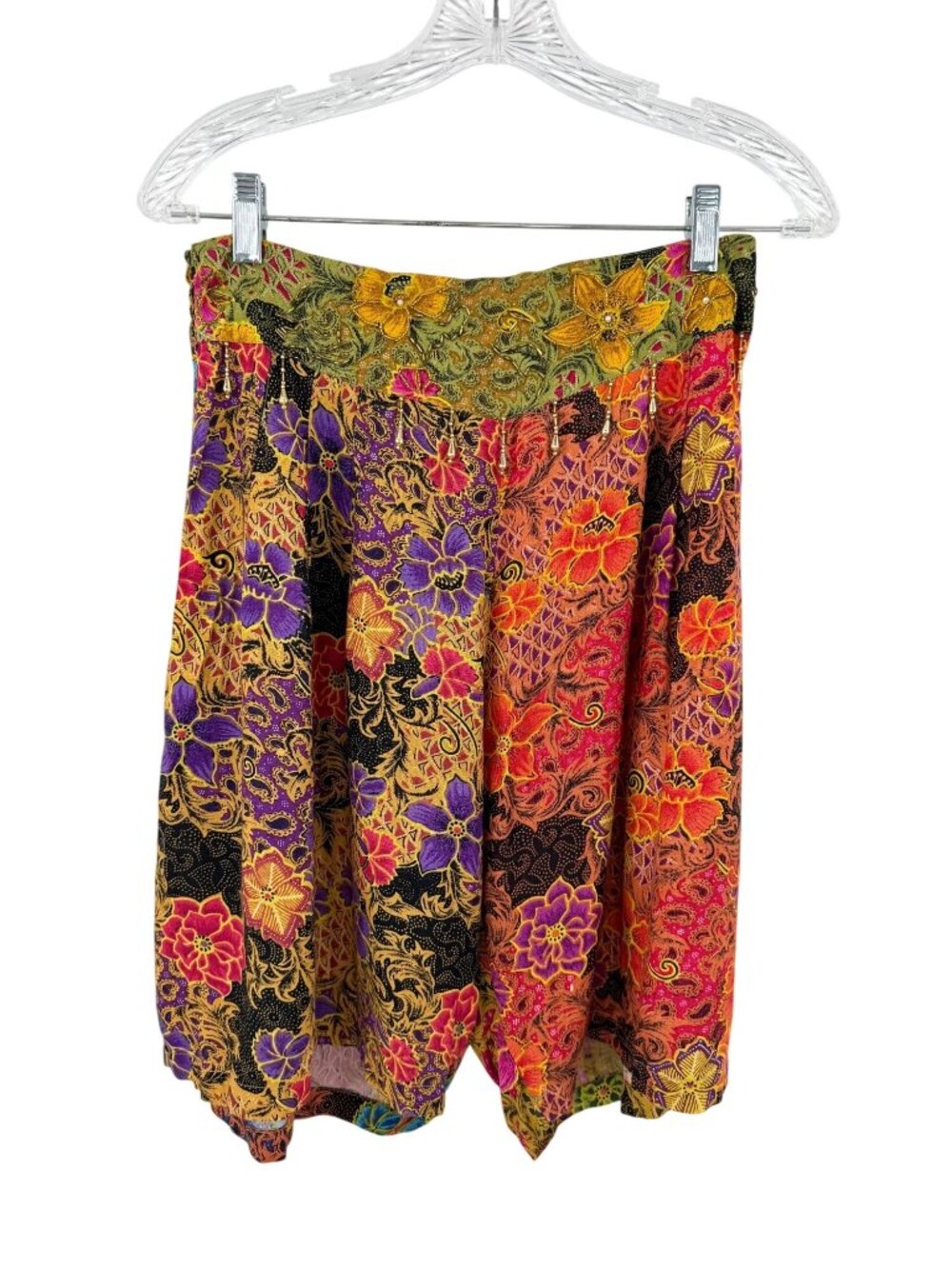 Vintage Bali Chic Floral Print Boho Harem Shorts w/ Beaded Waistband Multicolor